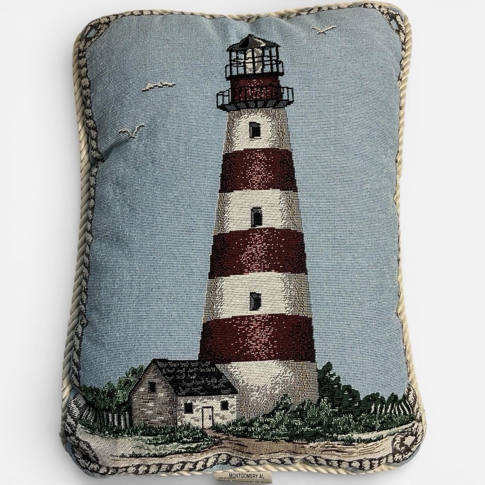 Woven‎ Lighthouse Ropes Sea Shore Blue Tapestry Pillow 17" x 12" Nautical Beach